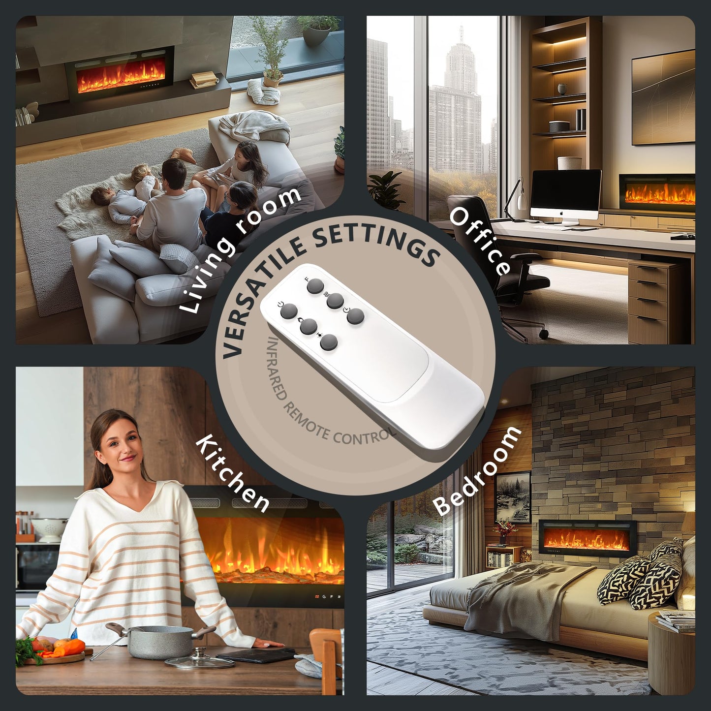 EUHOMY 60 Inch Electric Fireplace Wall Recessed and Wall Mounted with Adjustable Flame Color, Fireplace Heater with Remote Control, Linear Fireplace with Timer, Touch Screen, Log & Crystal, 750/1500W