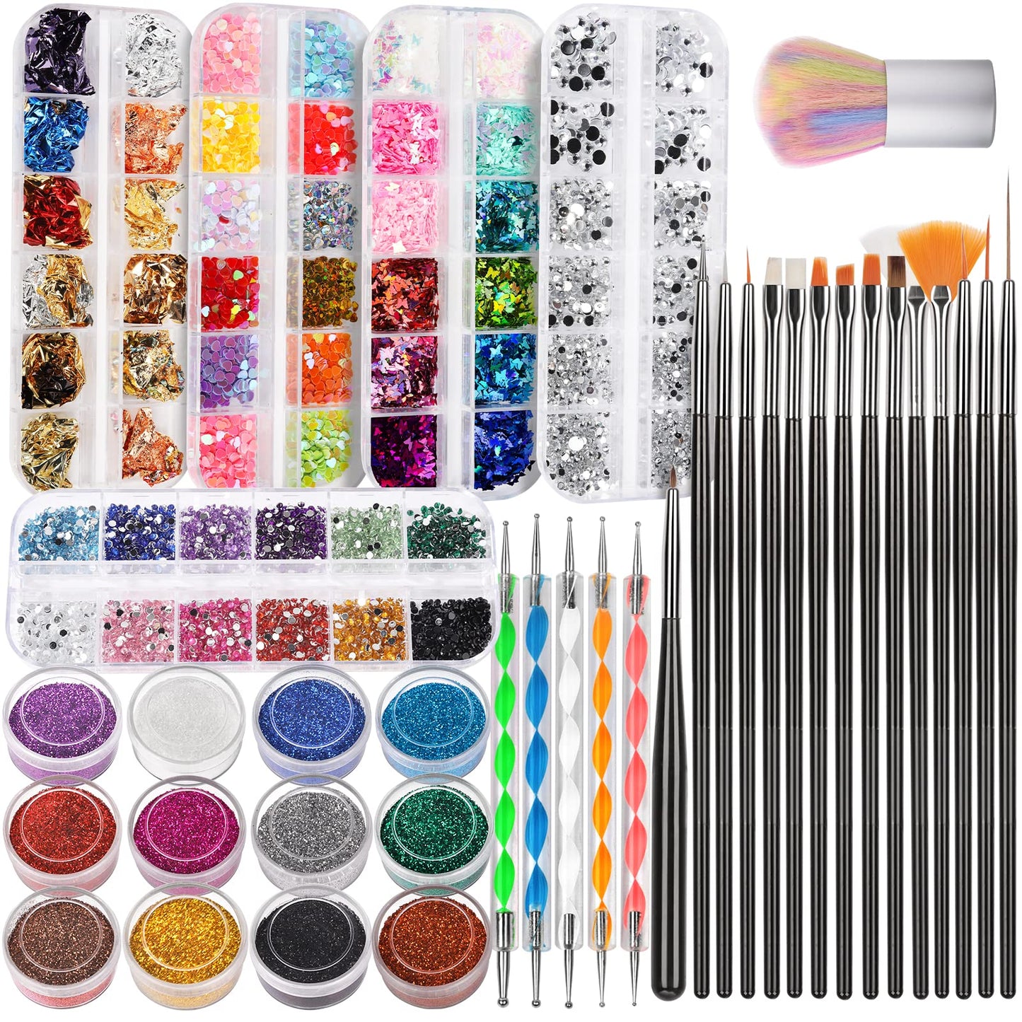 FANDAMEI Nail Art Brush, Nail Design Tools Kit with Nail Art Brushes, Nail Dotting Tools,Fine Glitter,Nail Butterfly, Nail Heart Sequins, Foil Flakes, Nail Art Rhinestones, Nail Art Decoration Kit.