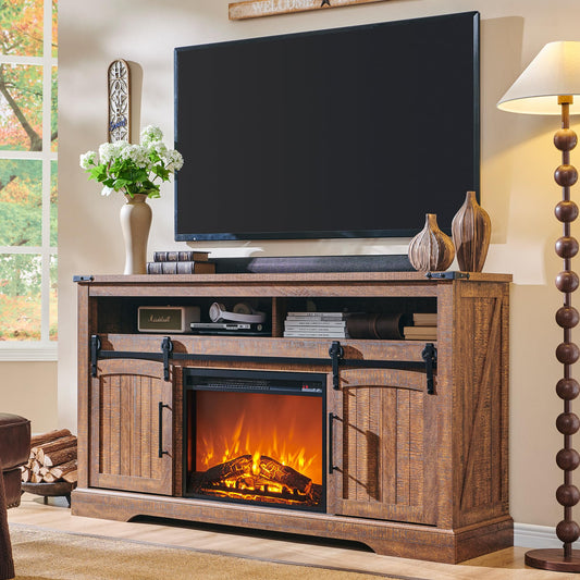 OKD Farmhouse Fireplace TV Stand for 70+ Inch TV, 33" Tall Highboy Entertainment Center with 23" Electric Fireplace, Rustic Media Console w/Sliding Arched Door for Living Room,Reclaimed Barnwood