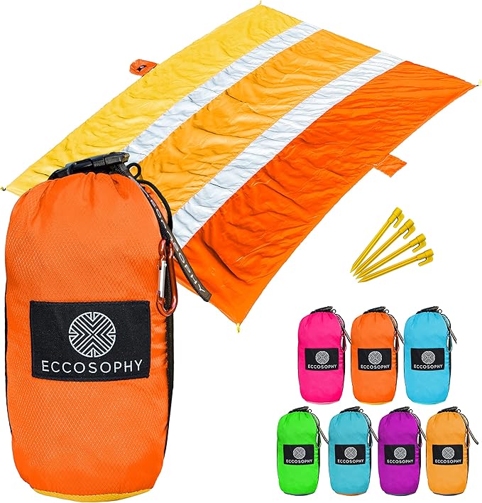 ECCOSOPHY Sandproof Beach Blanket - Oversized Sand Free Beach Mat 9'x10' - Lightweight Outdoor Picnic Blanket Anchored with 4 Corner Sand Pockets & Plastic Stakes - Heat Proof, Quick Drying & Compact