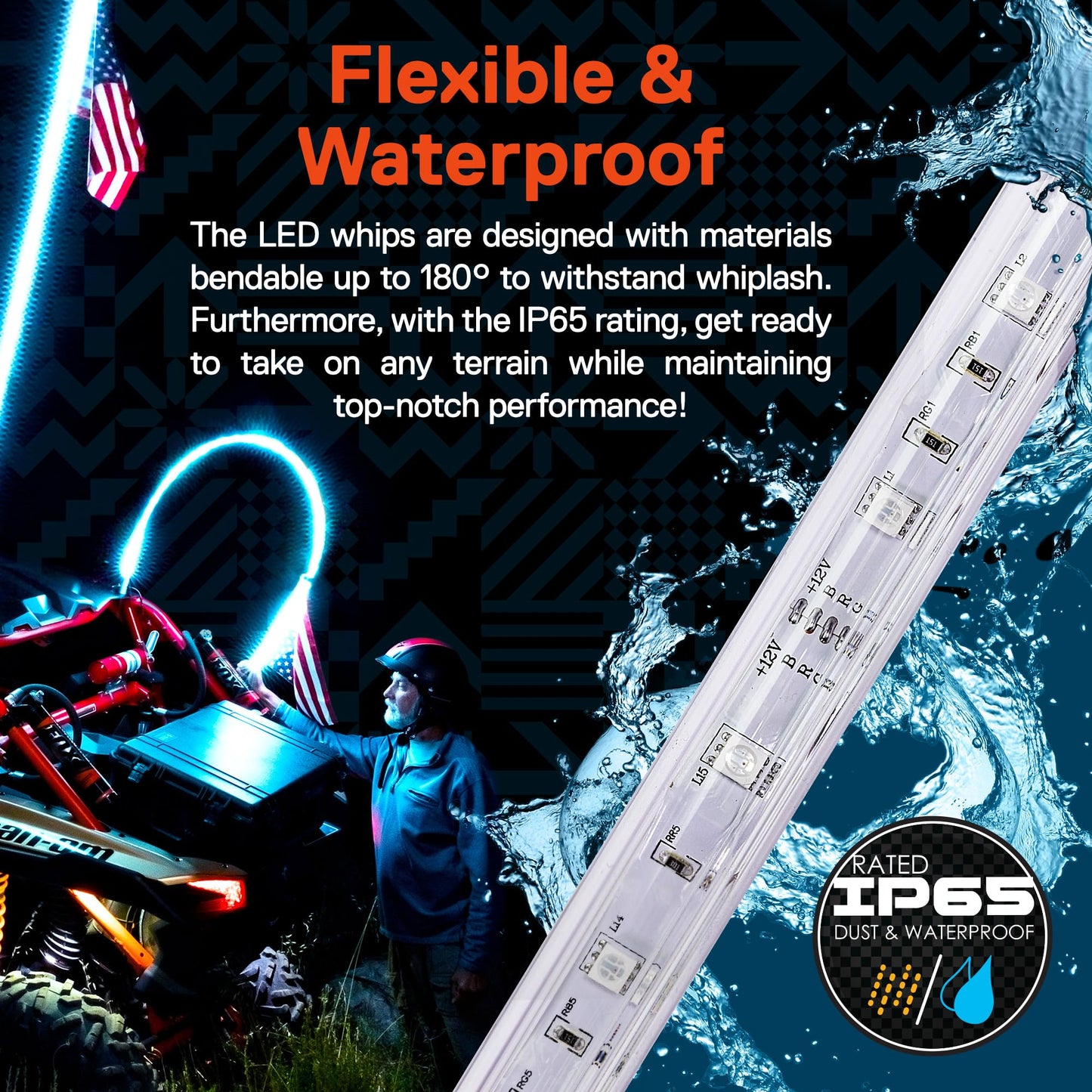 True Mods 2pc 6ft RGB LED Whip Light for UTV ATV [RF Wireless Remote] USA Flag Waterproof LED Lighted Whip CB Antenna Pole Stick for RZR Can-Am Polaris SxS 4x4 Quad Dune Buggy 4 Wheeler Accessories