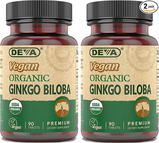 DEVA Vegan Ginkgo Biloba Dietary Supplement, USDA Organic, Vegan Society Certified, Easy-to-Swallow Tiny Tablets, 300 mg., 90 Tablets (Pack of 2)