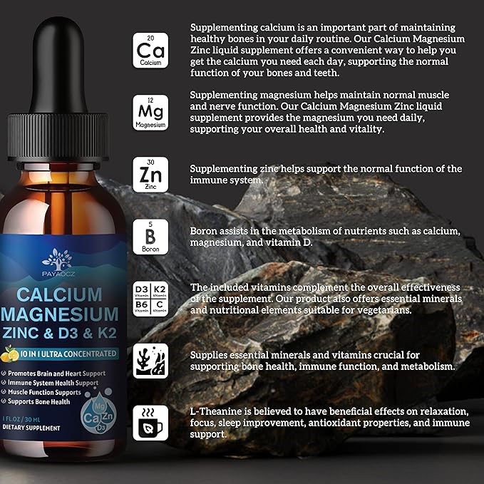 (2 Pack) 10 in 1 Magnesium Calcium Zinc Supplement with Vitamin C D3 K2, Glycinate Mag Vegan Liquid Drops Plus L-Theanine Boron Sea Moss Extract, Immune Support, Bone, Sleep & Leg Cramps, 1 Fl Oz