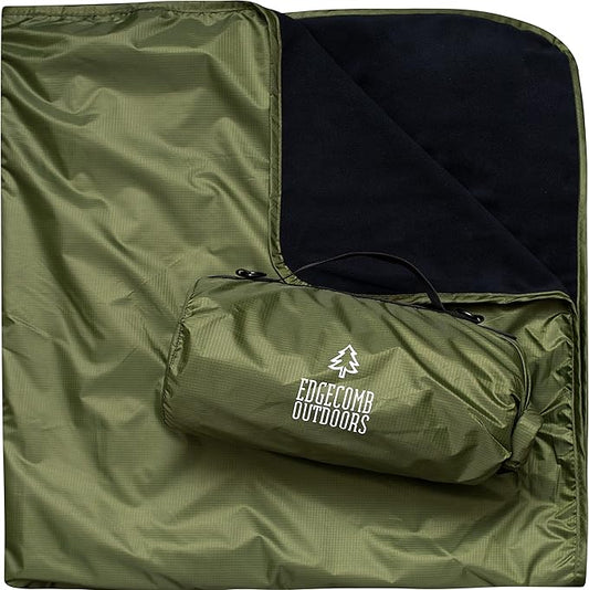Large Waterproof Outdoor Camping Blanket by Edgecomb, Lightweight Picnic Blanket for Cold Weather, Stadium, Camp, Insulated Windproof, Ripstop Nylon with Waterproof Storage Bag, Micro Fleece (Green)