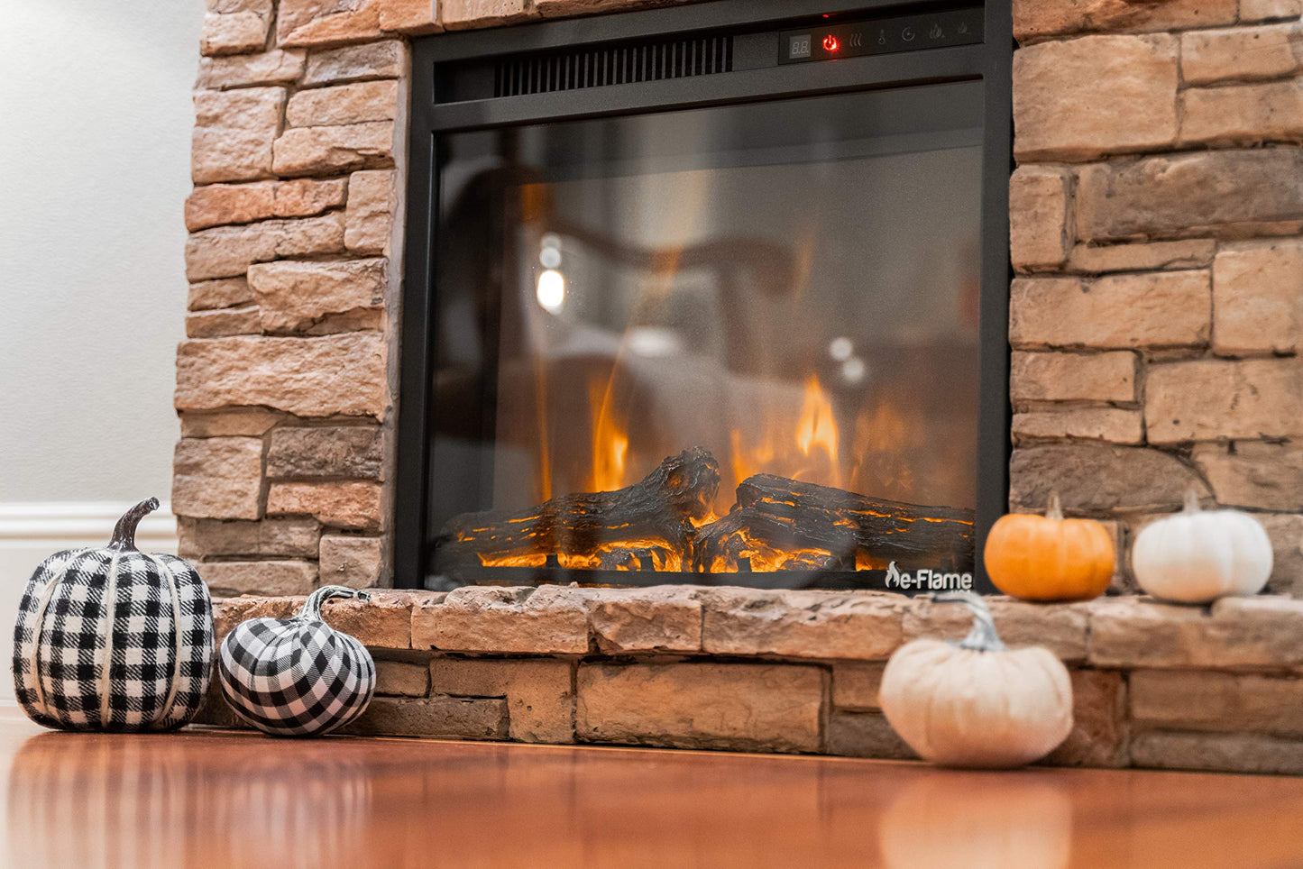 e-Flame USA Kodiak LED Electric Fireplace Stove - Faux Wood and Stone Mantel - Remote - 3D Log and Fire