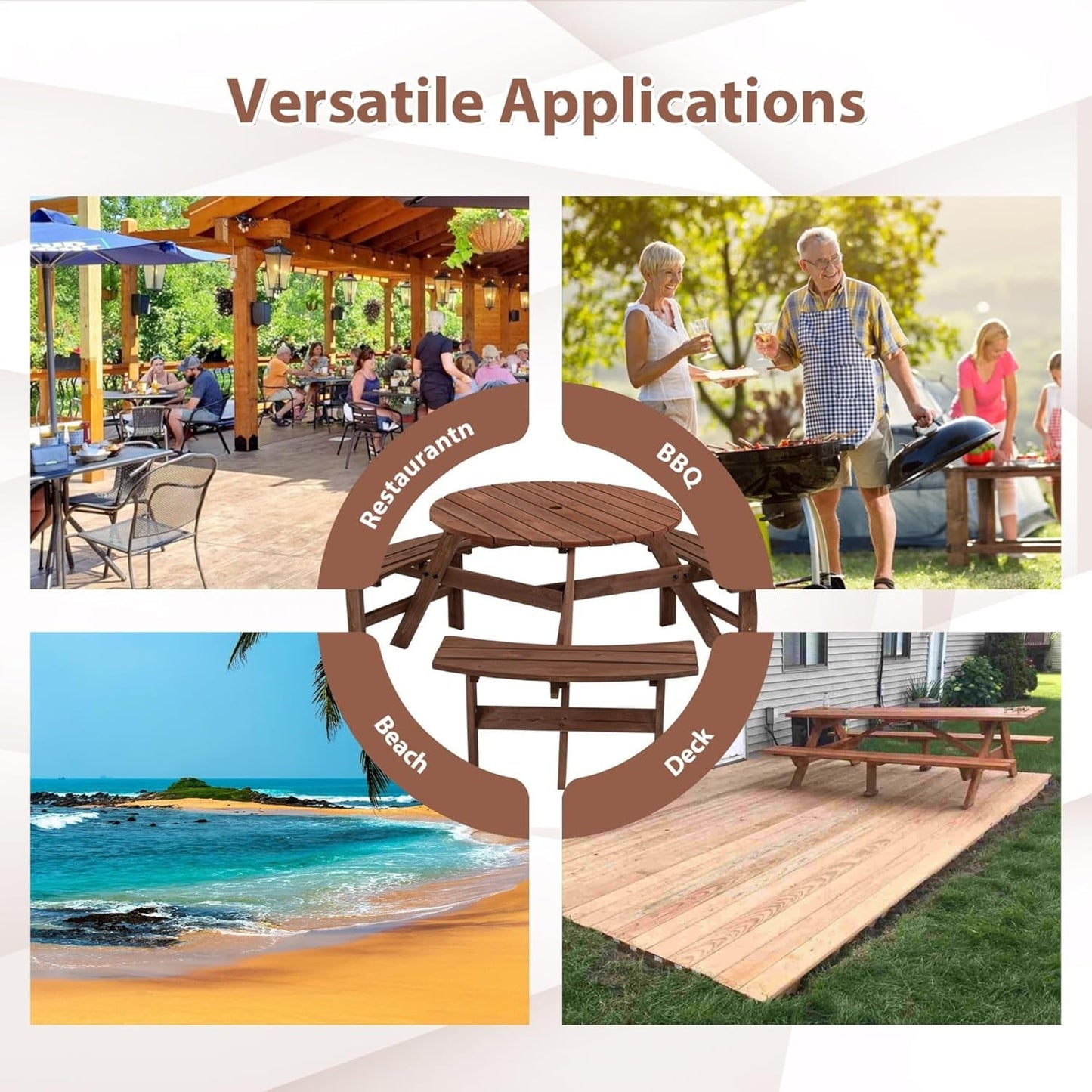 Picnic Table,6 Person Wooden Picnic Table with 3 Built-in Benches, Circular Outdoor Wooden Table with Seat for Patio, Backyard, Garden,2220lb Capacity - Natural