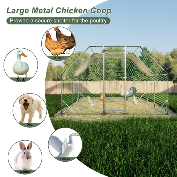 "10' x 13' Heavy-Duty Galvanized Walk-In Chicken Coop – Large Metal Poultry Run with Removable Tarp, Lockable Door, & Hexagonal Mesh for Hens, Ducks, Rabbits (6.36' Tall)"