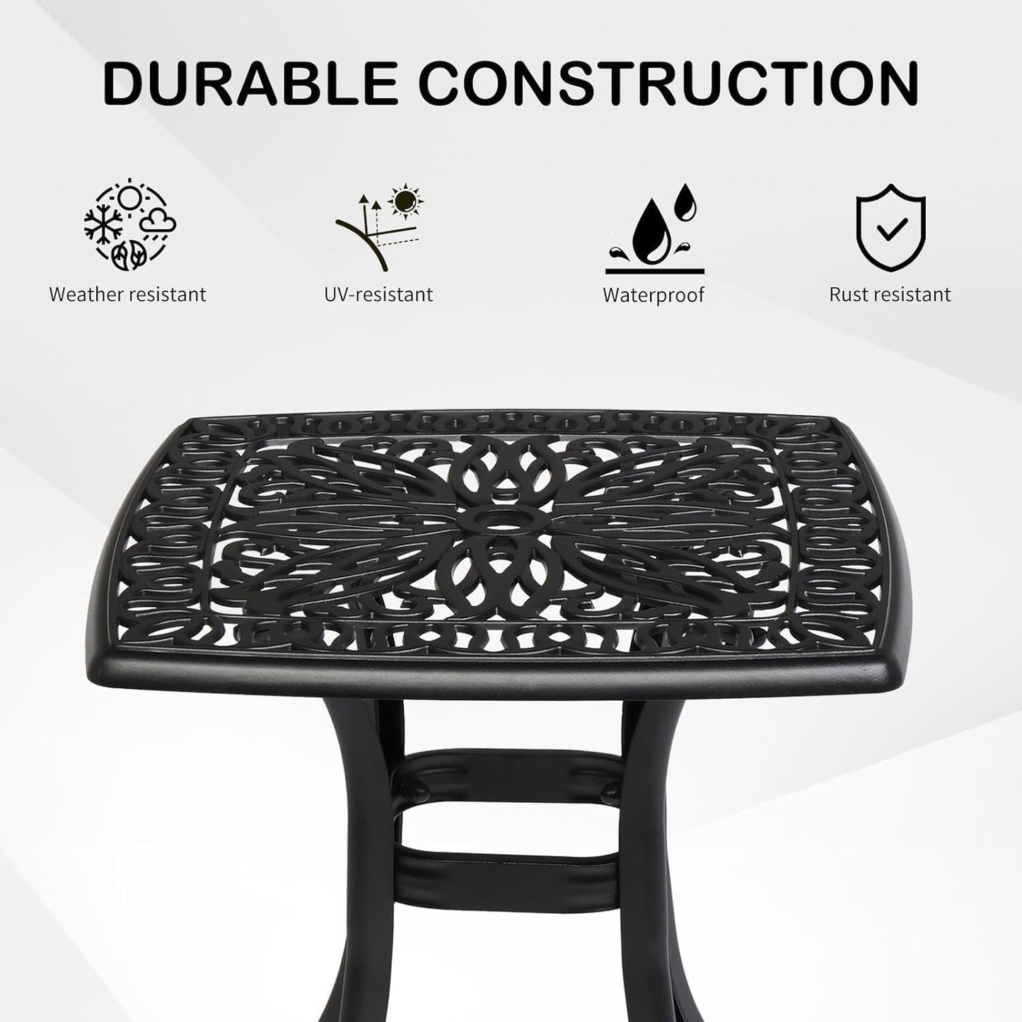 PINDEE Cast Aluminum Outdoor Side Table with Umbrella Hole, All Weather Round Patio Bistro Table,The appearance is exquisite, fashionable, and high-end.(Black)