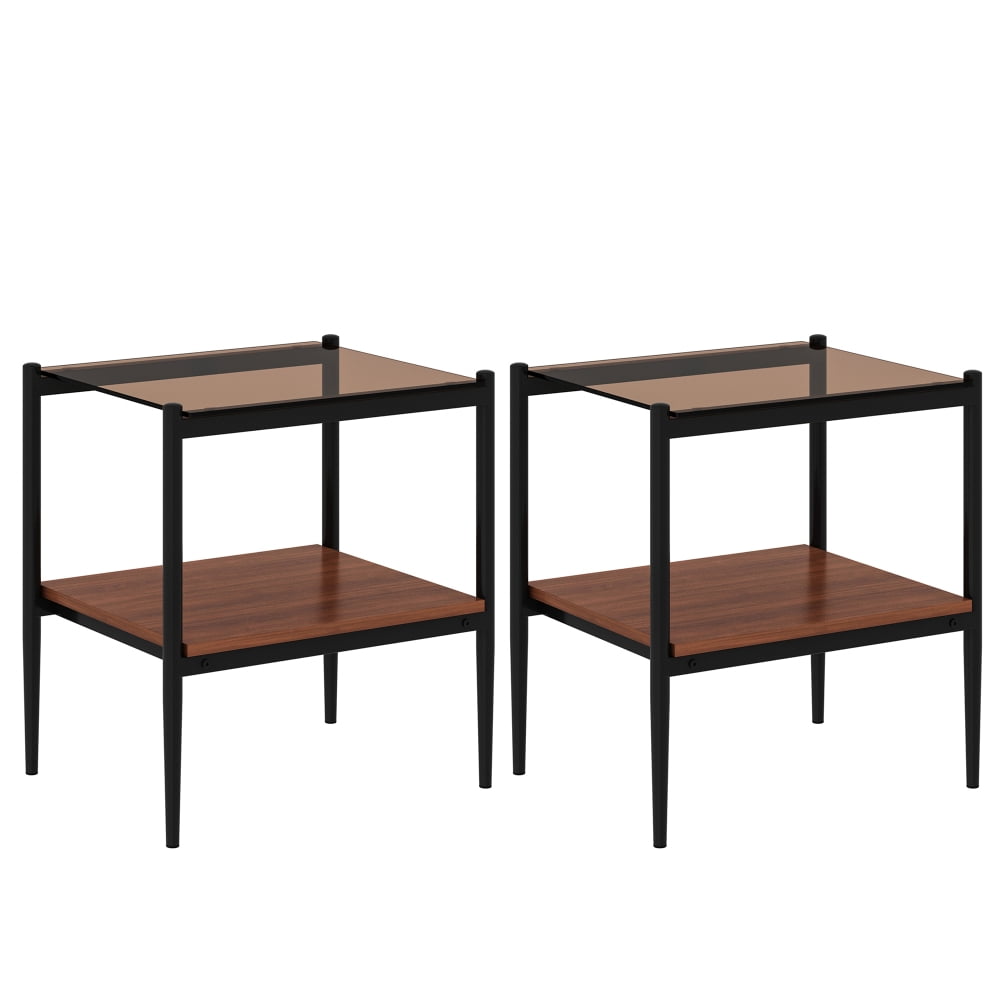 Set of 2 Rectangle End Table, Tempered Glass Tabletop with MDF layer, Modern Table for Living Room , Transparent Glass