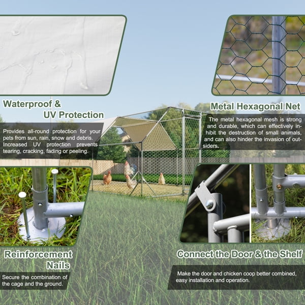 "10' x 13' Heavy-Duty Galvanized Walk-In Chicken Coop – Large Metal Poultry Run with Removable Tarp, Lockable Door, & Hexagonal Mesh for Hens, Ducks, Rabbits (6.36' Tall)"