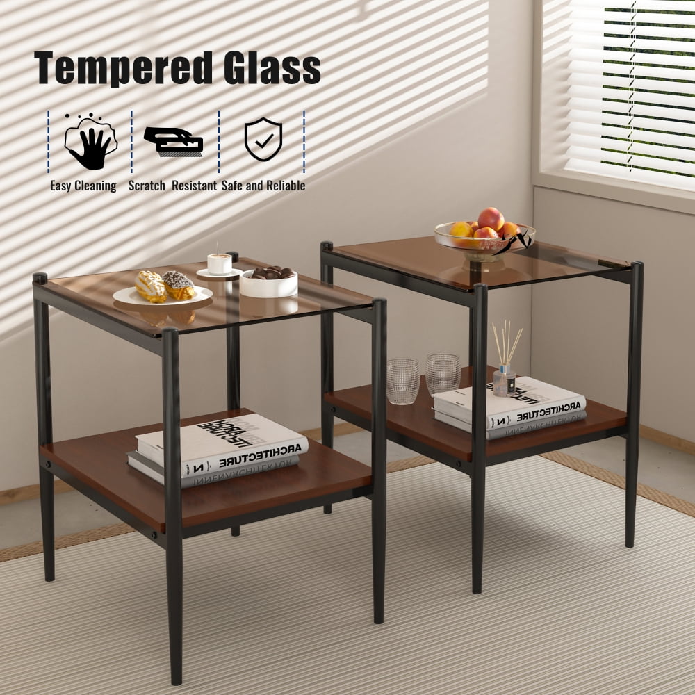 Set of 2 Rectangle End Table, Tempered Glass Tabletop with MDF layer, Modern Table for Living Room , Transparent Glass
