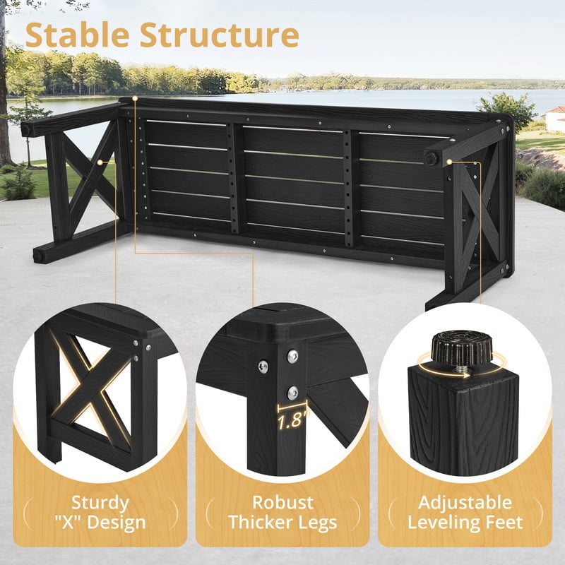 DYCANPO HDPS Outdoor Bench with Crossed Legs, Outdoor Benches Weatherproof 2-Person Backless,Garden Bench for Patio Porch Backyard and Lawn, Black