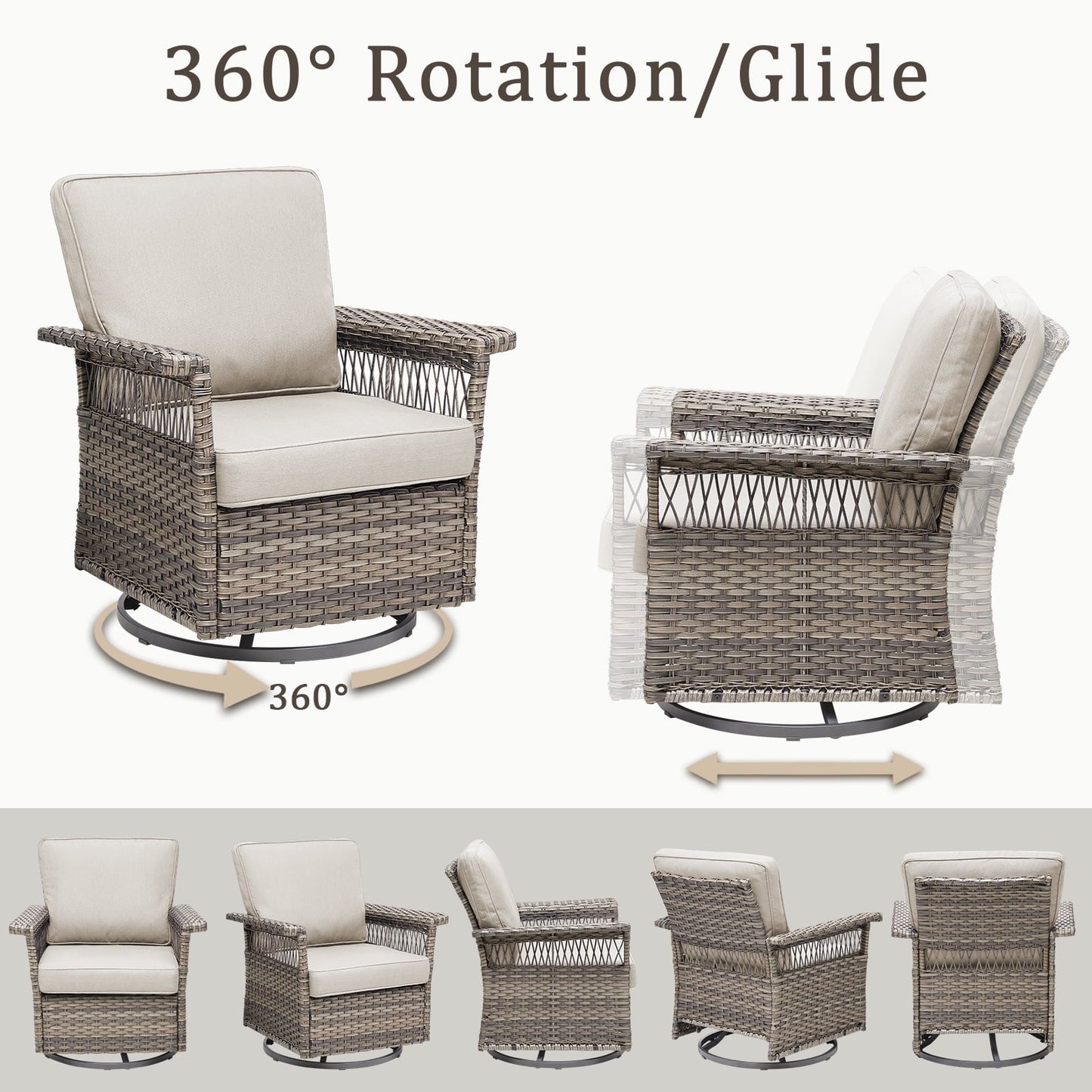 Feishominhoo Outdoor Swivel Rocker Patio Chairs,Gray Wicker Rocking Glider Chairs Set of 2 with Ottomans, Side Table and Beige Cushions Outdoor Patio Furniture for Balcony Porch Deck