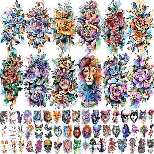 EGMBGM 63 Sheets 3D Watercolor Rose Temporary Tattoos For Women Arm Girls Adults, Water Color Peony Flower Tattoo Sticker, Bulk Temp Fake Long Lasting Tattoo Colorful Floral Moon Snake Lion Wolf Tiger