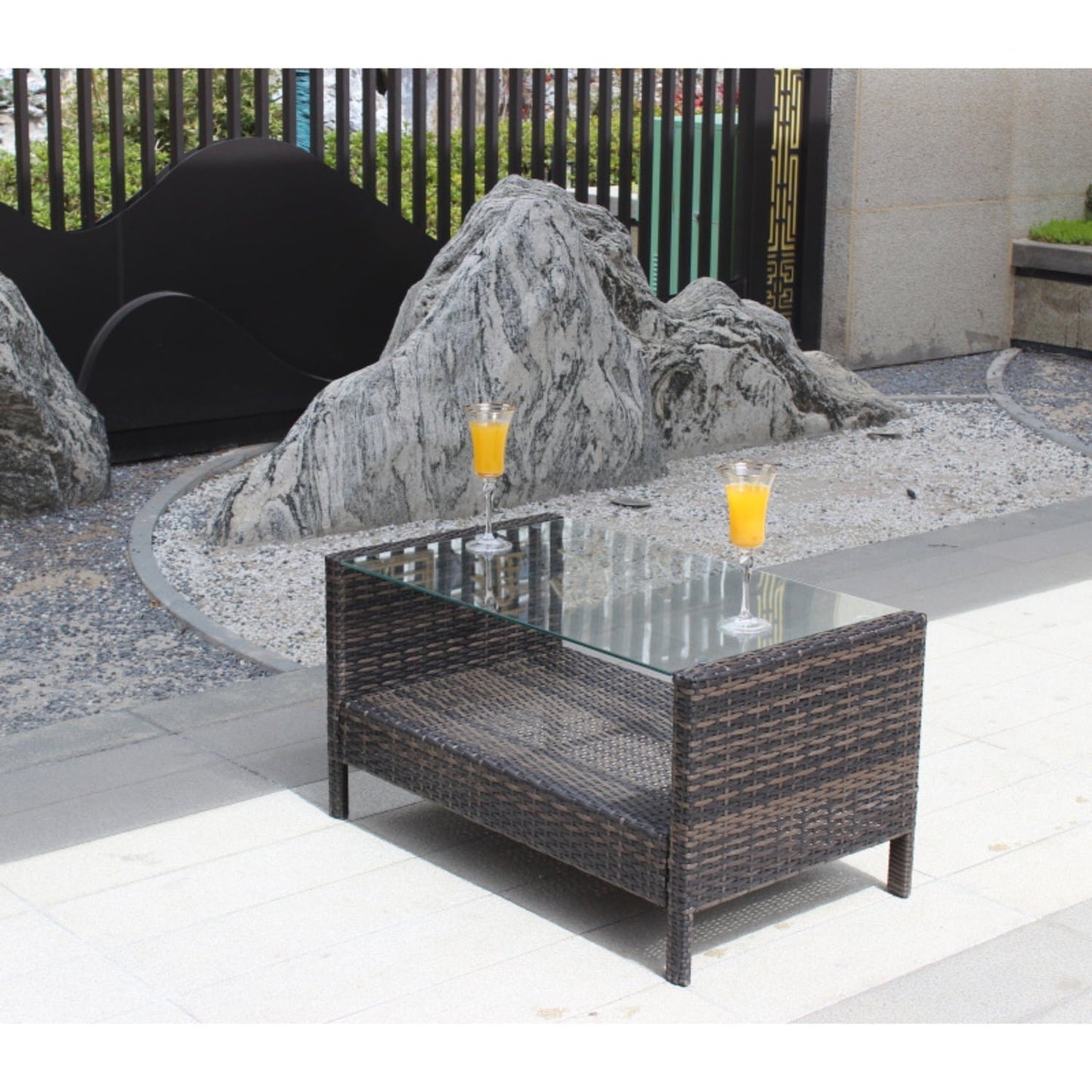 DIANJIE Outdoor Patio Furniture Coffee Table with Clear Tempered Glass