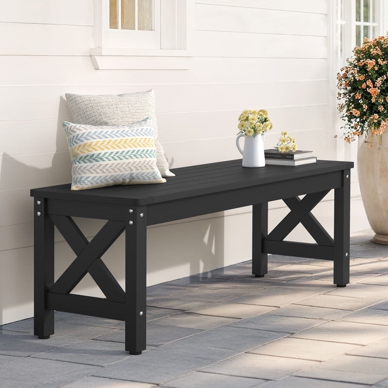 DYCANPO HDPS Outdoor Bench with Crossed Legs, Outdoor Benches Weatherproof 2-Person Backless,Garden Bench for Patio Porch Backyard and Lawn, Black