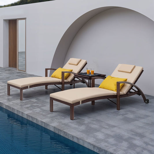 Dextrus 2 Pcs Outdoor Chaise Lounge Chairs, Rattan Wicker Patio Pool Loungers with Cushion & Adjustable Backrest, Arm, Pillow, Wheels