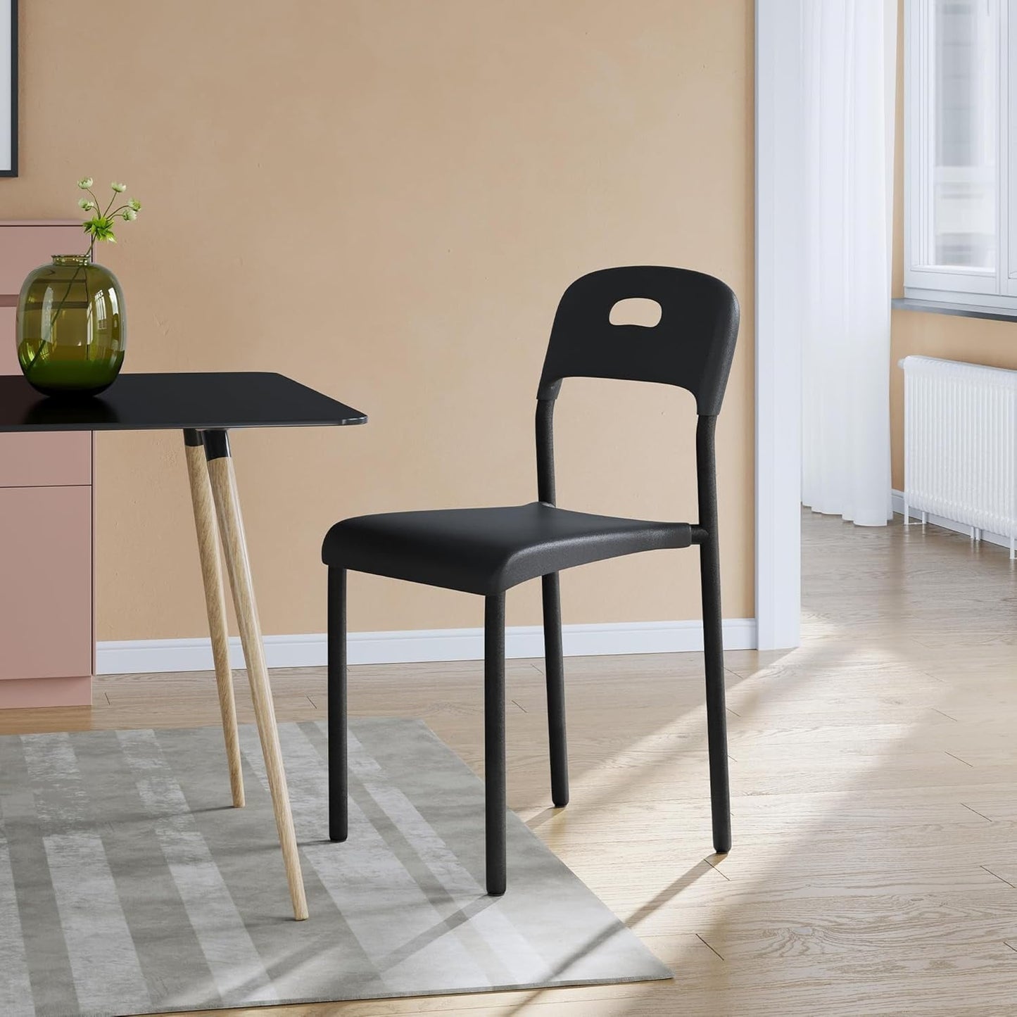 Dining Chairs, Stackable Modern Kitchen Chairs, Plastic Dining Room Chair with Metal Legs, Easy Assembly, Waterproof & Stain-Resistant, Suitable for Indoor and Outdoor, Black