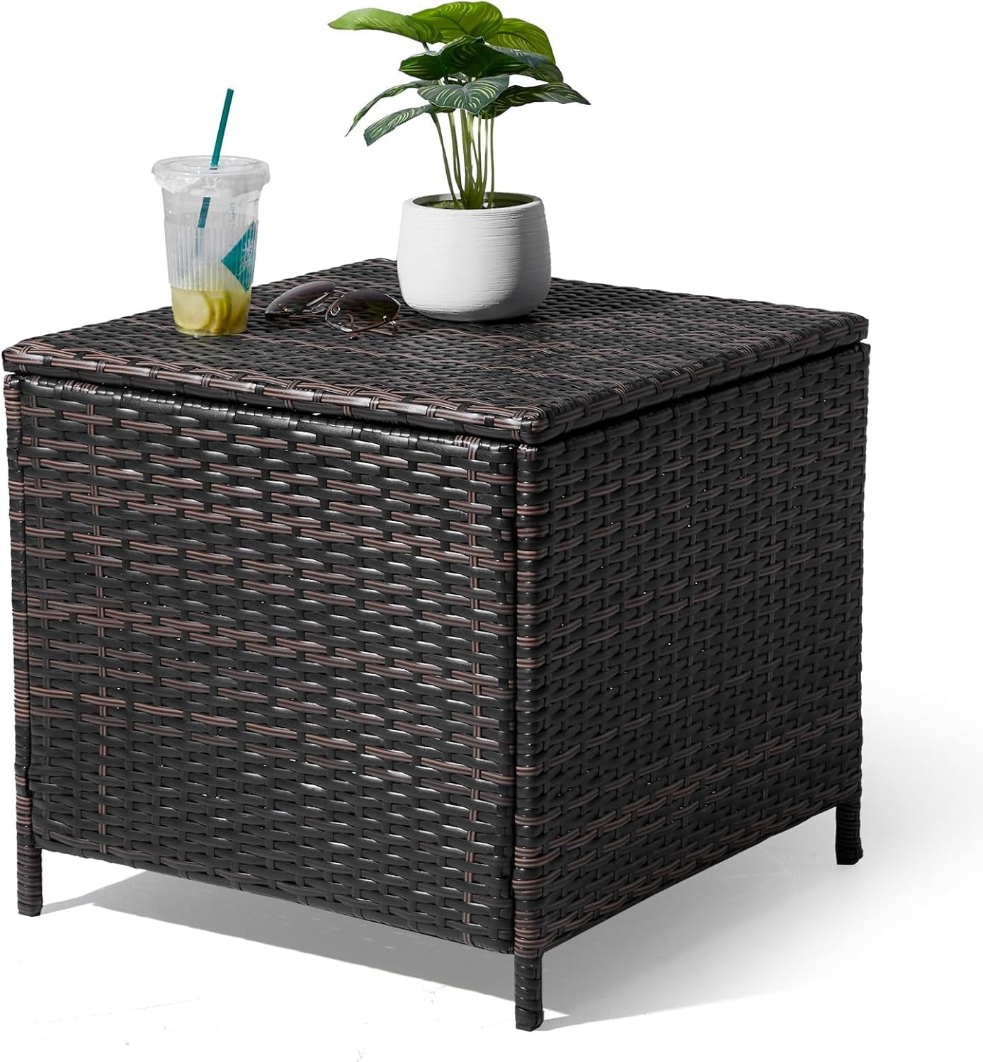 ETHFRF Outdoor Side Table with Storage, 27-Gallon Patio Deck Box Outdoor Wicker Side Table for Poolside Balcony Storage Table (Brown, Square)，Brown