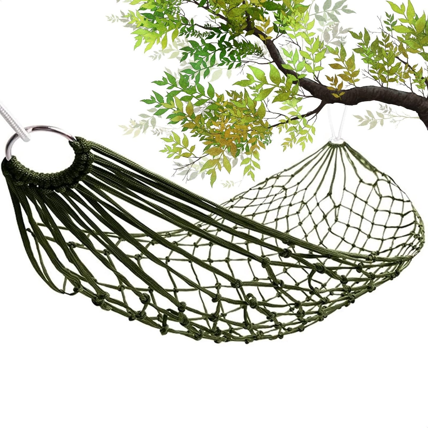Easy to Set Up Rope Hammocks for Outside, Dark Green Color, 90x31.5 Nylon Net Hammock, Max 100 KG (220 Pounds), Tree Hammocks for Outside, Camping & Patio Relaxation