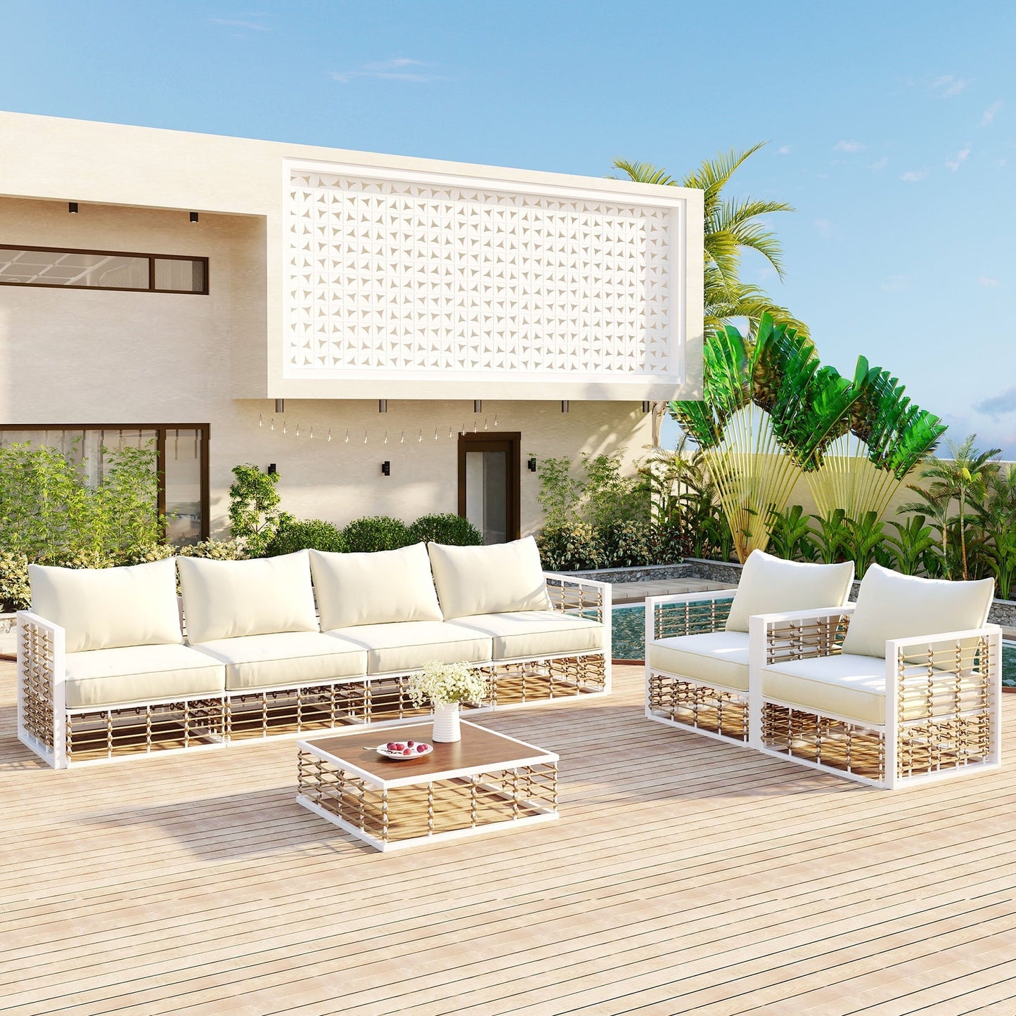 Olurrisa 7-Piece Metal Patio Sectional Sofa Set, All-Weather Garden Conversational Furniture Set with Thick Cushions and Coffee Table Modern Minimalist for Indoor Outdoor, White