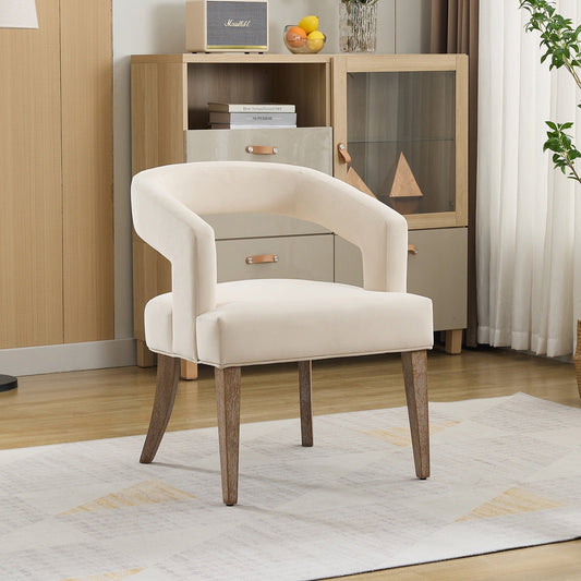 Qiushi 25.79" Wide Modern Barrel Open Back Upholstered Velvet Armchair Accent Chair with Weathered Solid Wood Legs Dining Chairs for Dining Room, Club, Kitchen, Living Room Café, Beige