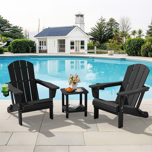 SERWALL 3PC Adjustable Folding Adirondack Chair set and Double Side Table, For Outdoor, Patio, Poolside, Garden, Black