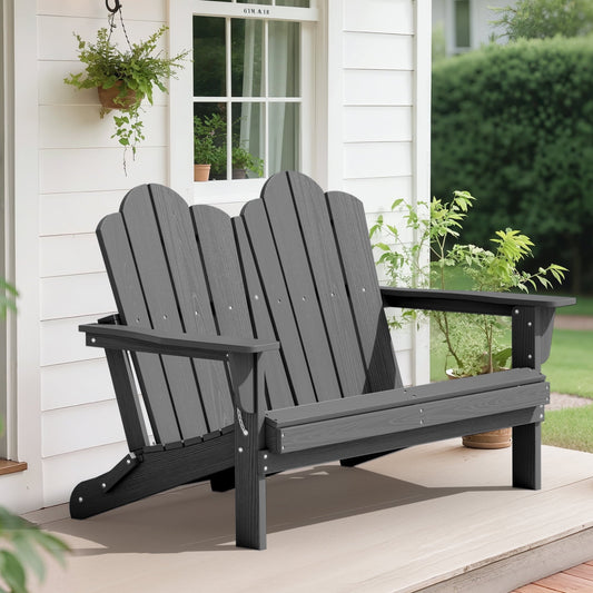 SERWALL Adirondack Bench, Outdoor Adirondack Chair for 2,HDPE All-Weather Adirondack Loveseat,Grey