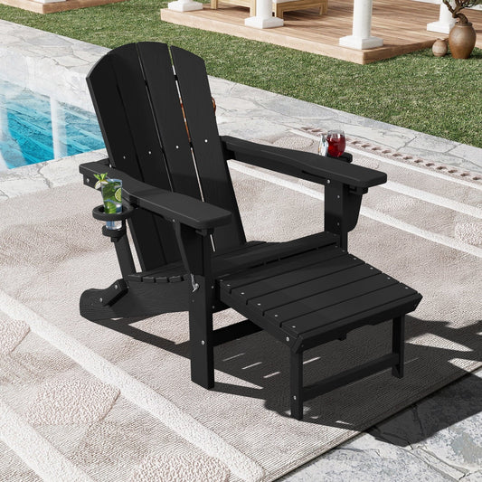 SERWALL Adjustable Folding Adirondack Chair with Footrest & Dual Cup Holders, HDPE Foldable Multifunctional Adirondack Chair with Ottoman for Patio, Outdoor, Garden, Black