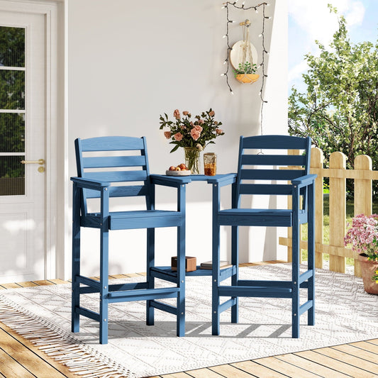 SERWALL Tall Adirondack Chairs Set of 2 with Connecting Table, Adirondack Outdoor Barstools, Navy