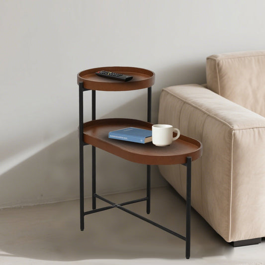 SHIBAILI Small Space 2-Tier Round Sofa Table - Brown Wood Top,Metal Frame