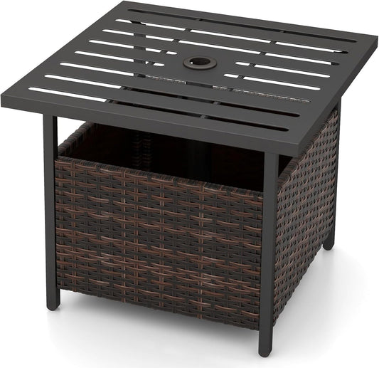 SUPQ Outdoor Side Table with Umbrella Hole, 22" Wicker Umbrella Stand Holder and Base, Weather-Resistant PE Rattan Patio End Table for Deck Garden Poolside (Metal Tabletop, Brown)