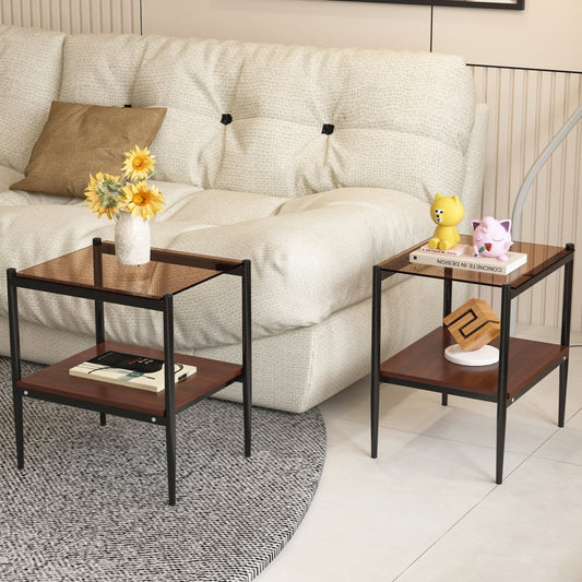 Set of 2 Rectangle End Table, Tempered Glass Tabletop with MDF layer, Modern Table for Living Room , Transparent Glass