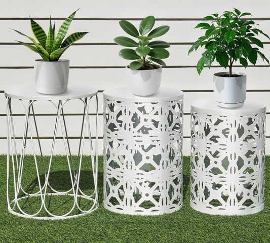 Set of 3 Metal Outdoor Side Table, Nesting Round Coffee Table for Indoor Outdoor, Heavy Duty End Tables Plant Stand Living Room Garden Stool - White