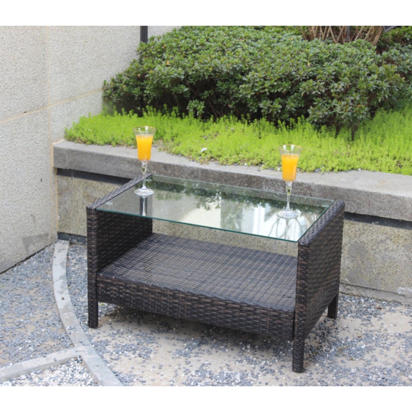 DIANJIE Outdoor Patio Furniture Coffee Table with Clear Tempered Glass