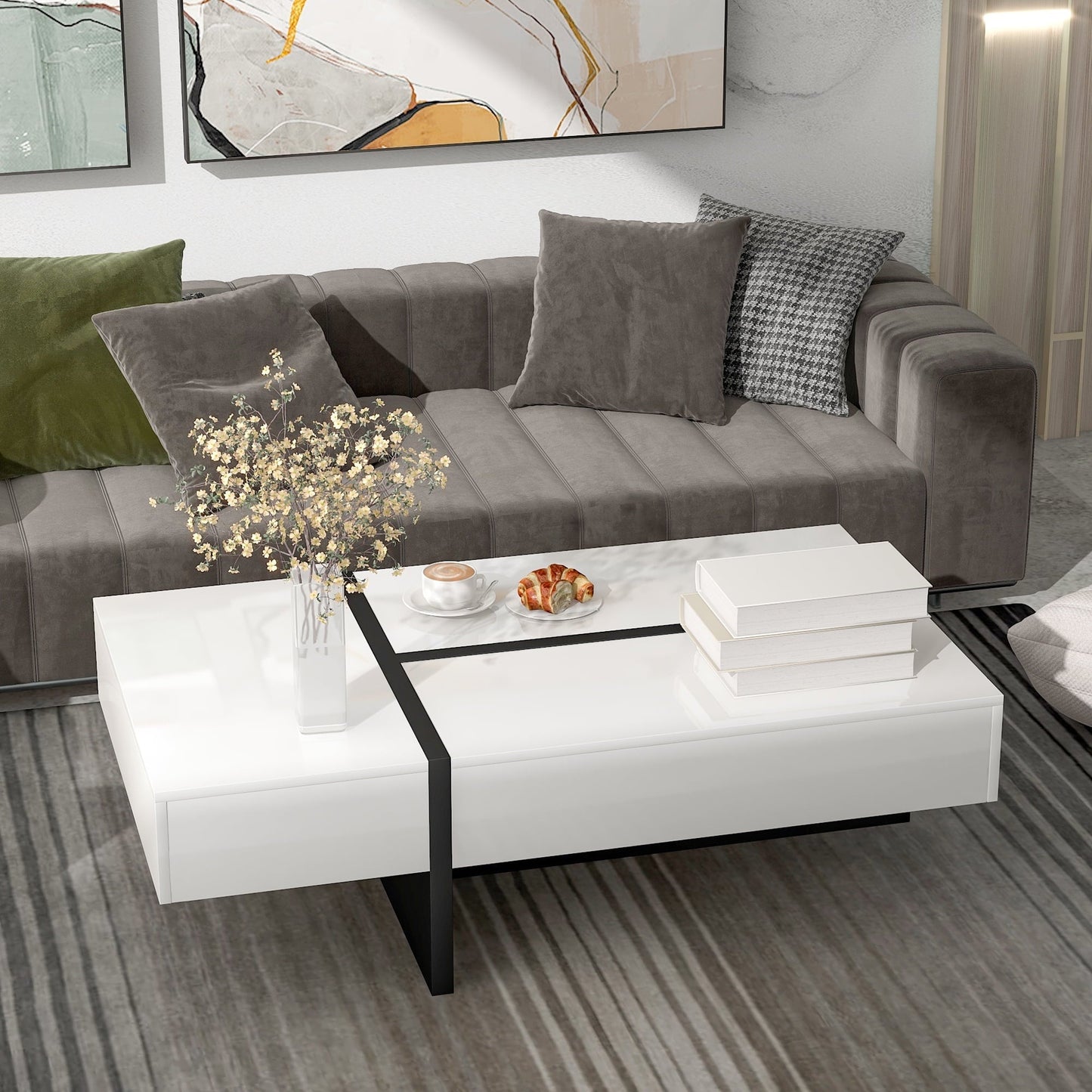 Dovelina Contemporary Rectangle Coffee Table with High Gloss Surface, Modern Center Table for Sofa or Upholstered Chairs, 45.2" x 25.5" x 13.7", White