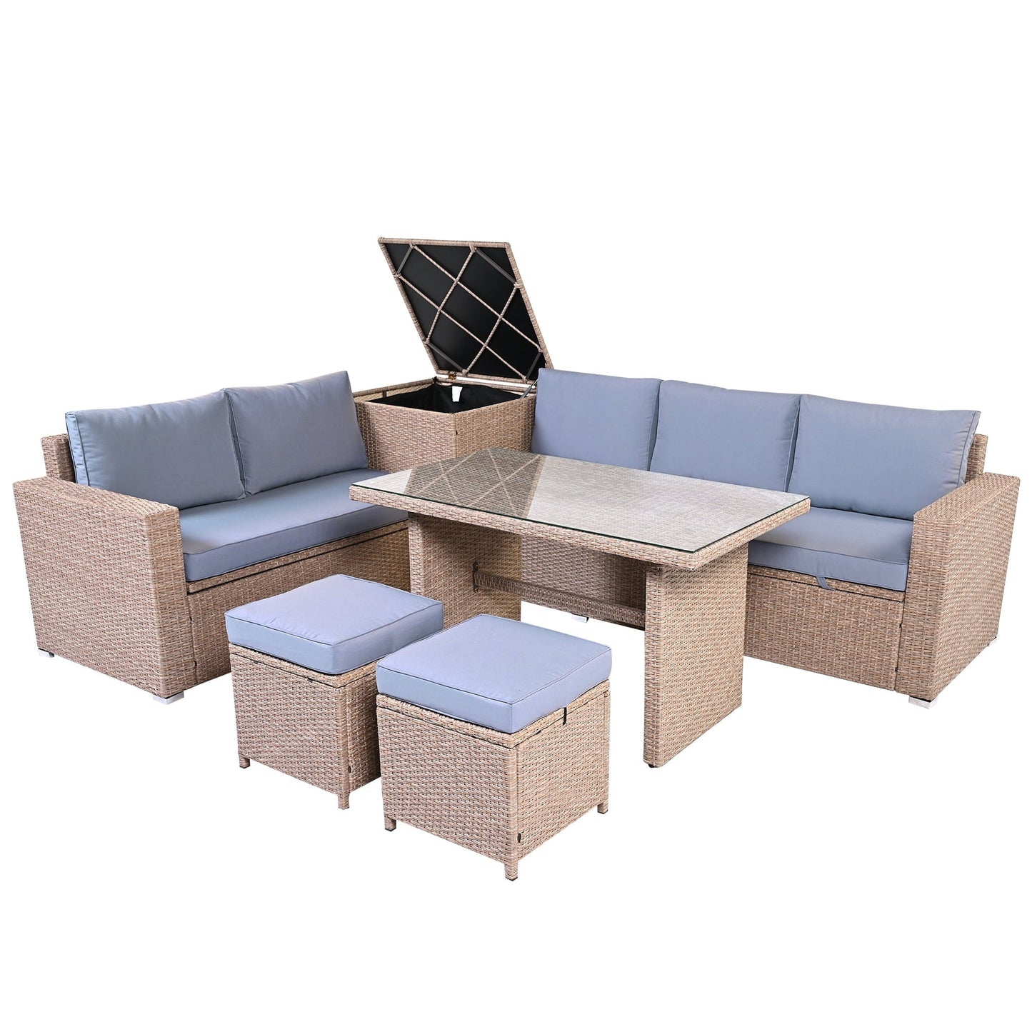 Olurrisa Outdoor 6-Piece All Weather PE Rattan Sofa Set, Garden Patio Wicker Sectional Furniture Set with Adjustable Seat, Storage Box, Removable Covers and Tempered Glass Top Table, Natural