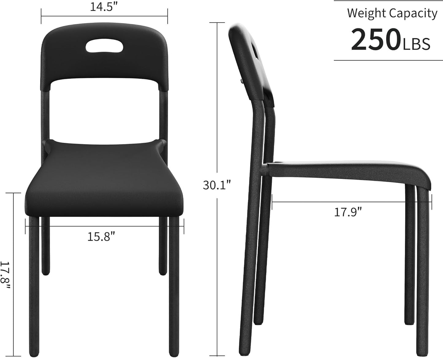 Dining Chairs, Stackable Modern Kitchen Chairs, Plastic Dining Room Chair with Metal Legs, Easy Assembly, Waterproof & Stain-Resistant, Suitable for Indoor and Outdoor, Black
