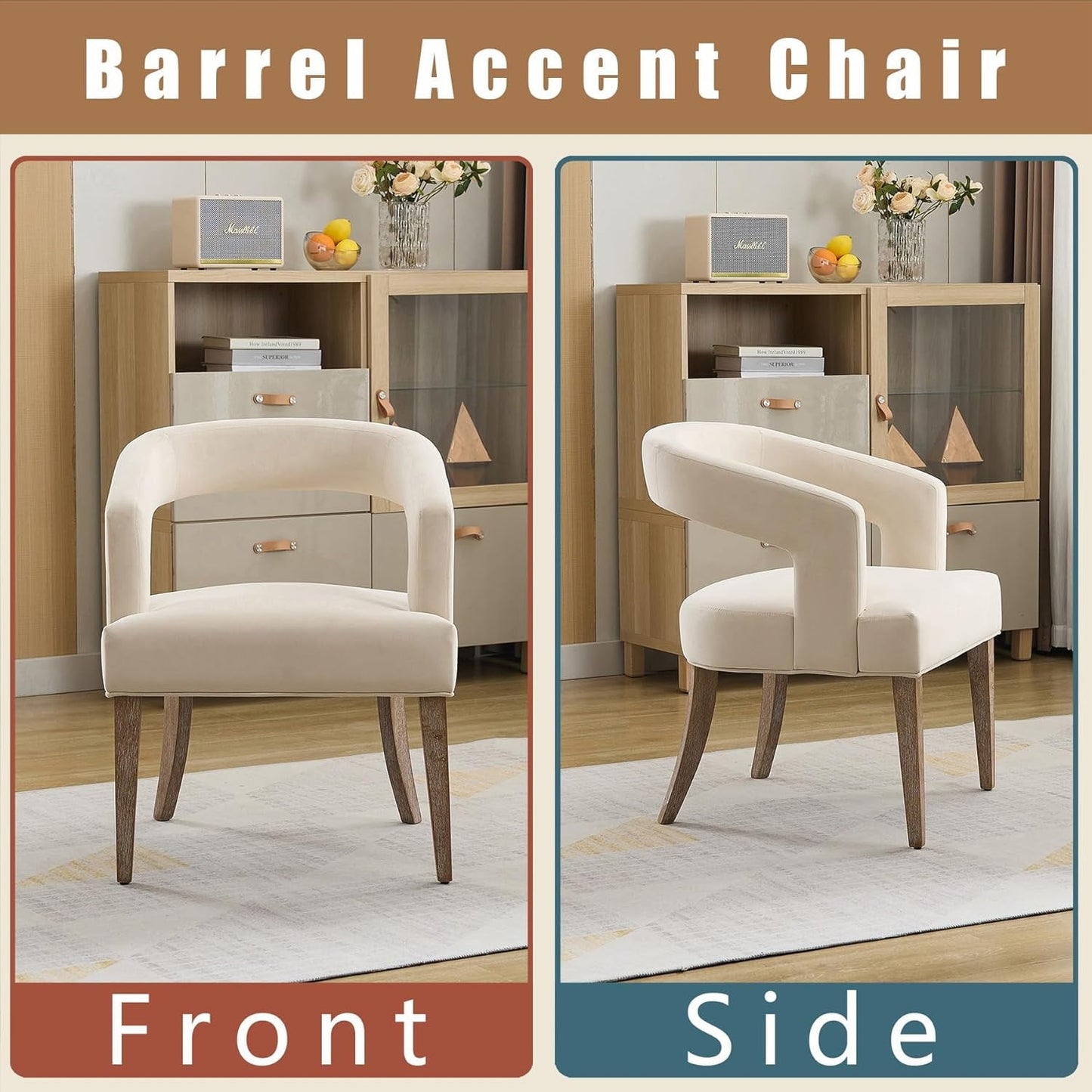 Qiushi 25.79" Wide Modern Barrel Open Back Upholstered Velvet Armchair Accent Chair with Weathered Solid Wood Legs Dining Chairs for Dining Room, Club, Kitchen, Living Room Café, Beige