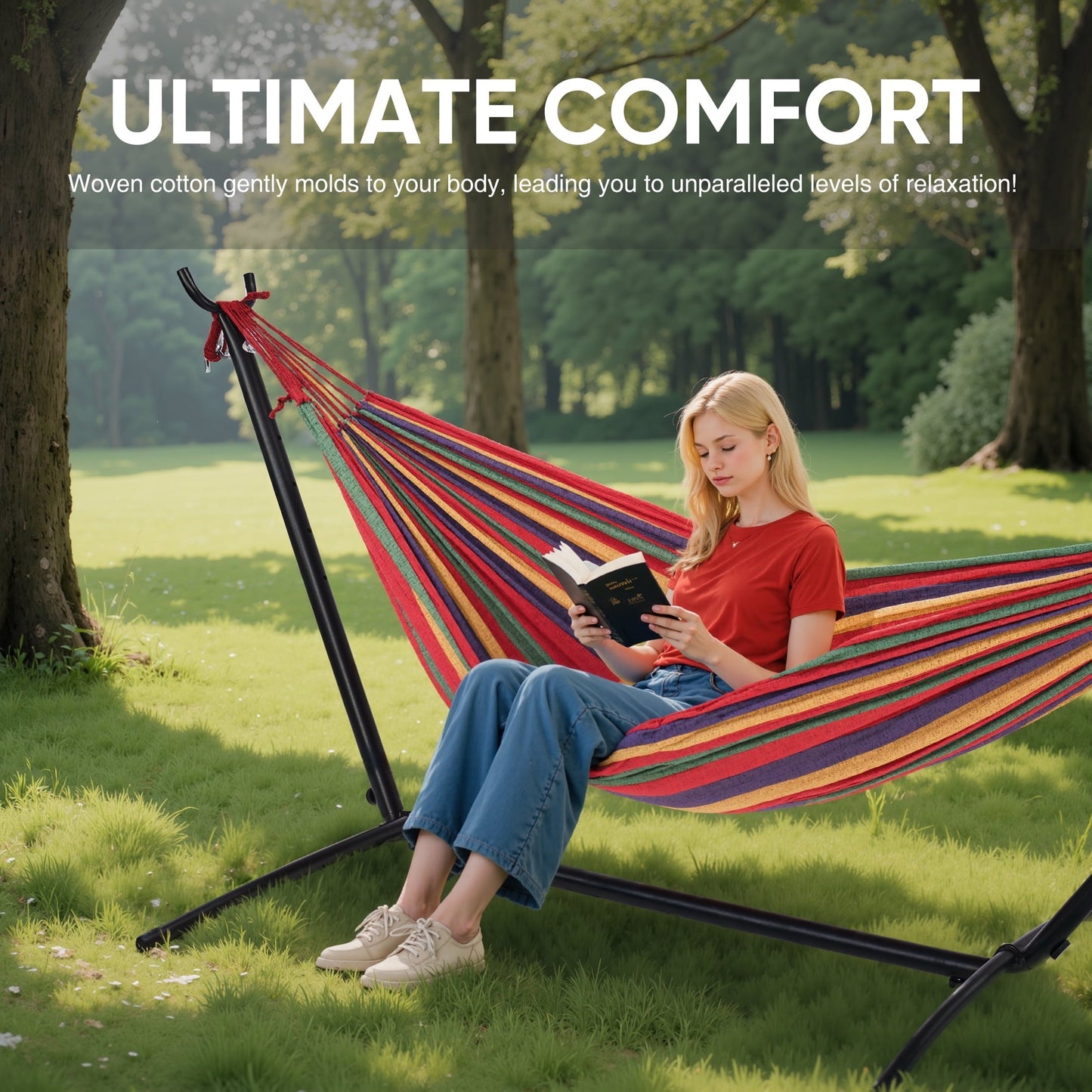 EDX Double Hammock with Space Saving Steel Stand, 2 Person Heavy Duty Outdoor 450lb Capacity Standing Hammocks, Upgraded Polyester End Strings, Portable Carrying Bag Included, Colorful Stripes