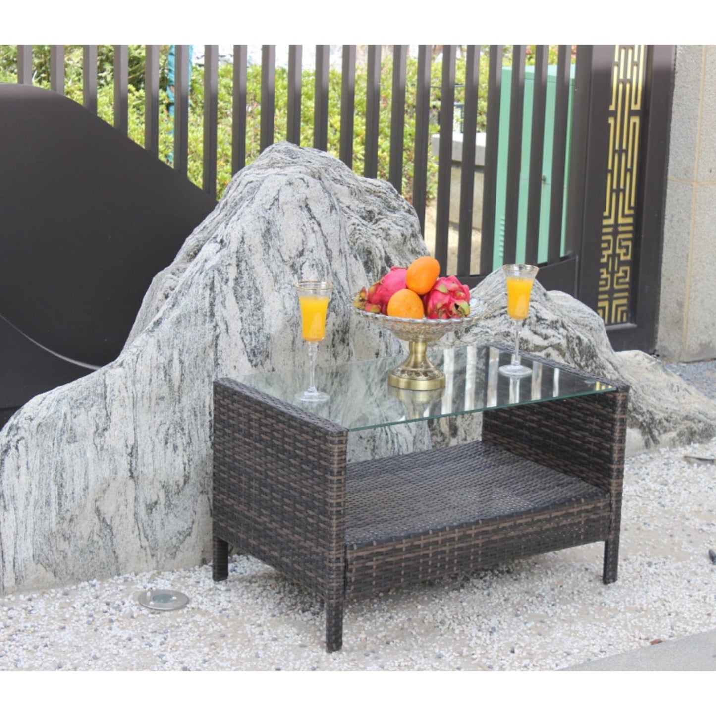 DIANJIE Outdoor Patio Furniture Coffee Table with Clear Tempered Glass