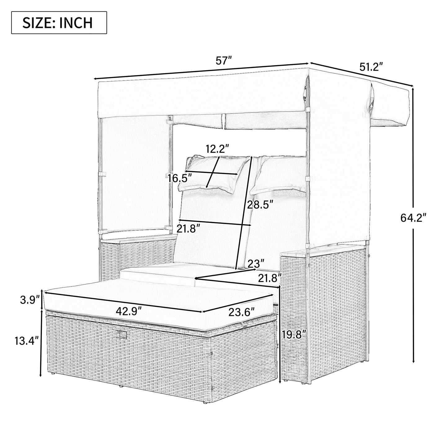 Euroco Outdoor Rattan Daybed with Adjustable Canopy and Backrest, Convertible Lounge Chair with Ottoman Bench & Cushions, PE Wicker Patio Recliner for Garden, Deck, Poolside