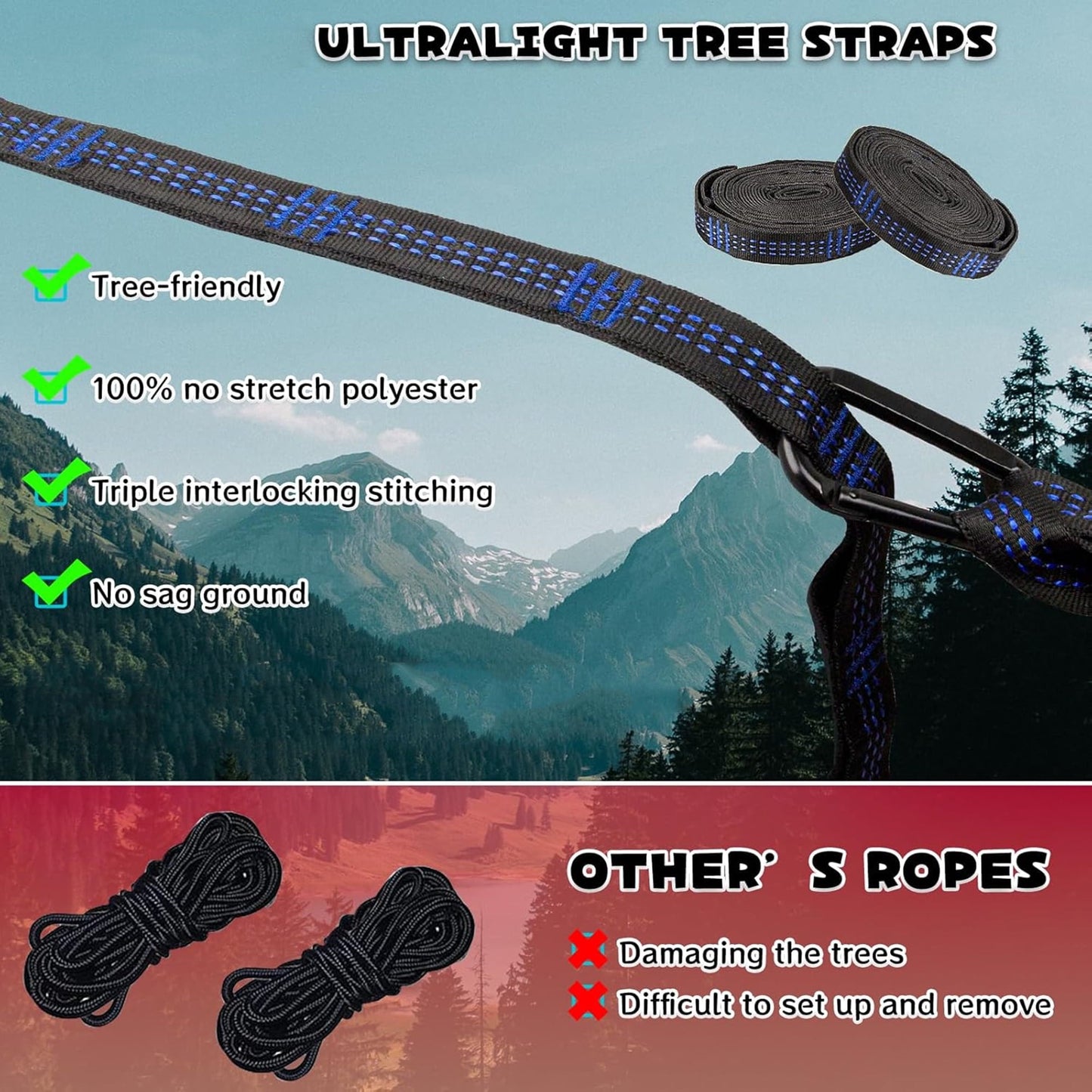 DZORUN Hammock Straps for Trees Set of Two 10ft with 11 Loops 2 Carabiners Essential Hammock Accessories Camping Hammock Tree Straps Set tree swing straps