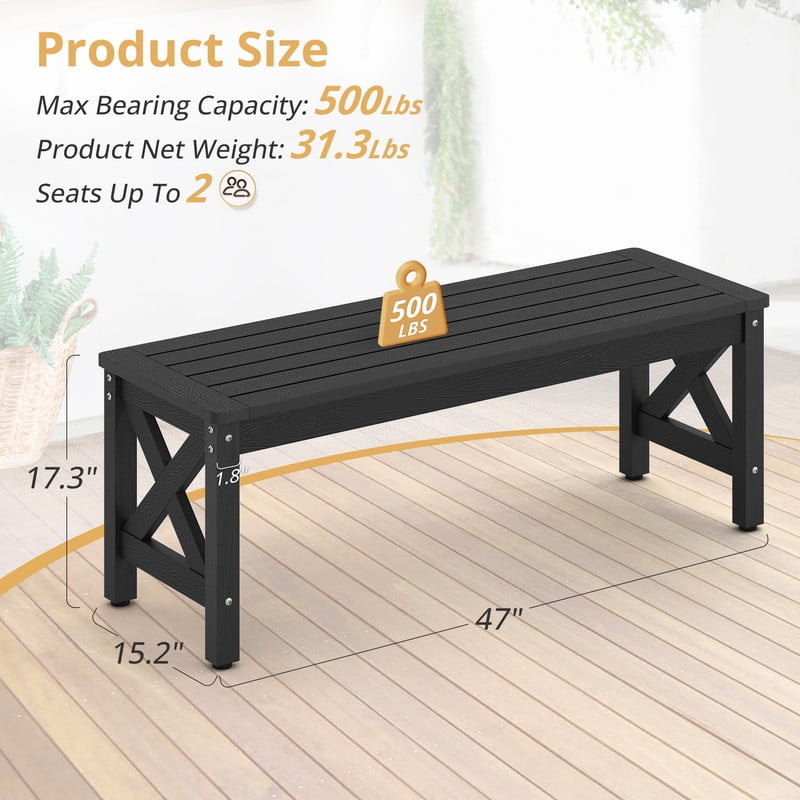 DYCANPO HDPS Outdoor Bench with Crossed Legs, Outdoor Benches Weatherproof 2-Person Backless,Garden Bench for Patio Porch Backyard and Lawn, Black