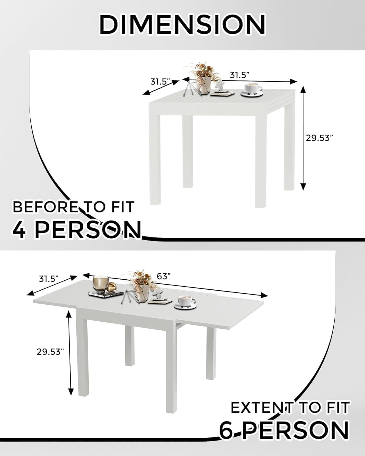 Expandable Aluminum 31"-63" Outdoor Dining Table Set for 4-6 People - Sleek Slatted Design for Patio, Garden & Deck - Durable & Weather-Resistant - Easy Care & Lightweight
