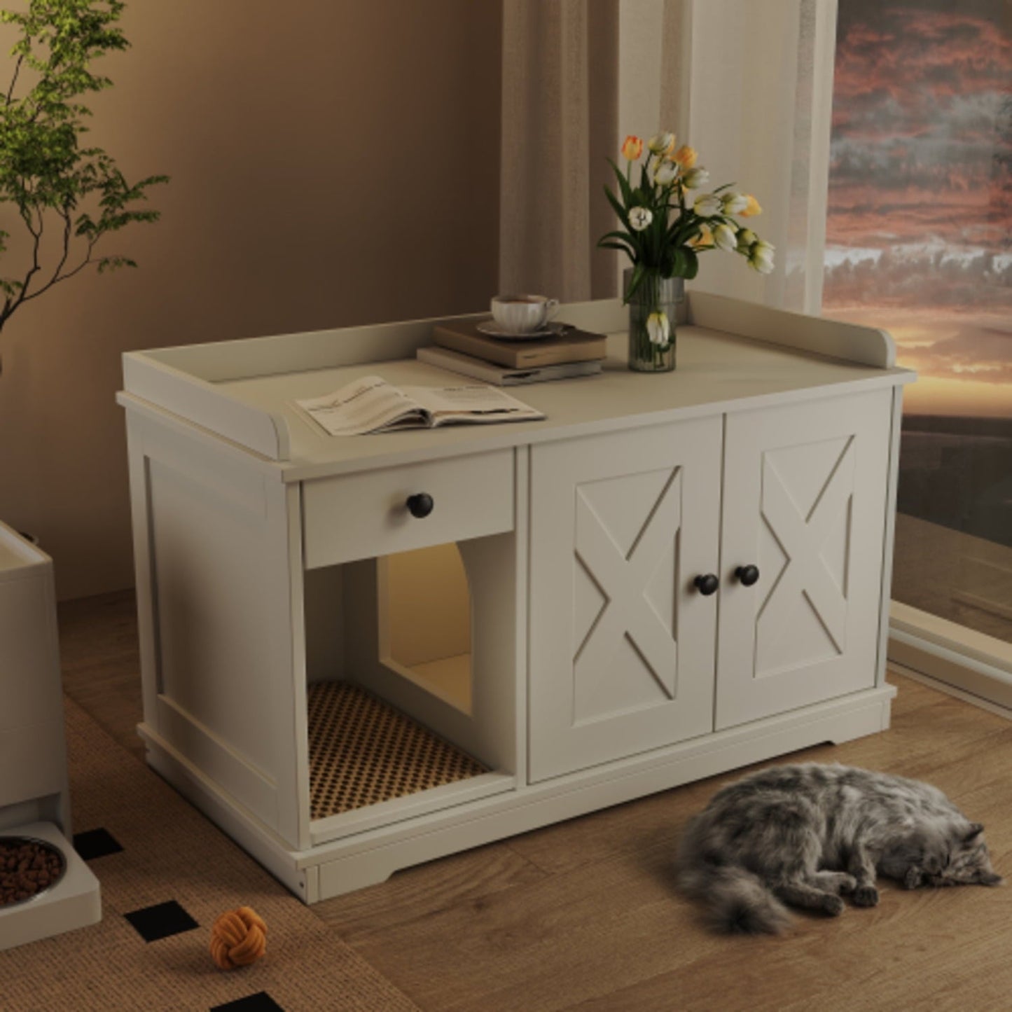 Double Hidden Litter Box Furniture Washroom Farmhouse Indoor Cat House End Table