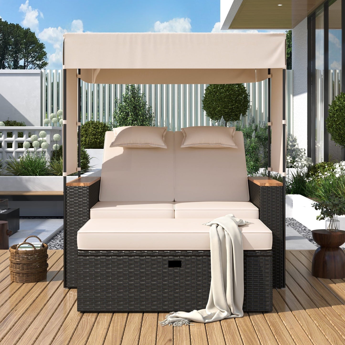 Euroco Outdoor Rattan Daybed with Adjustable Canopy and Backrest, Convertible Lounge Chair with Ottoman Bench & Cushions, PE Wicker Patio Recliner for Garden, Deck, Poolside