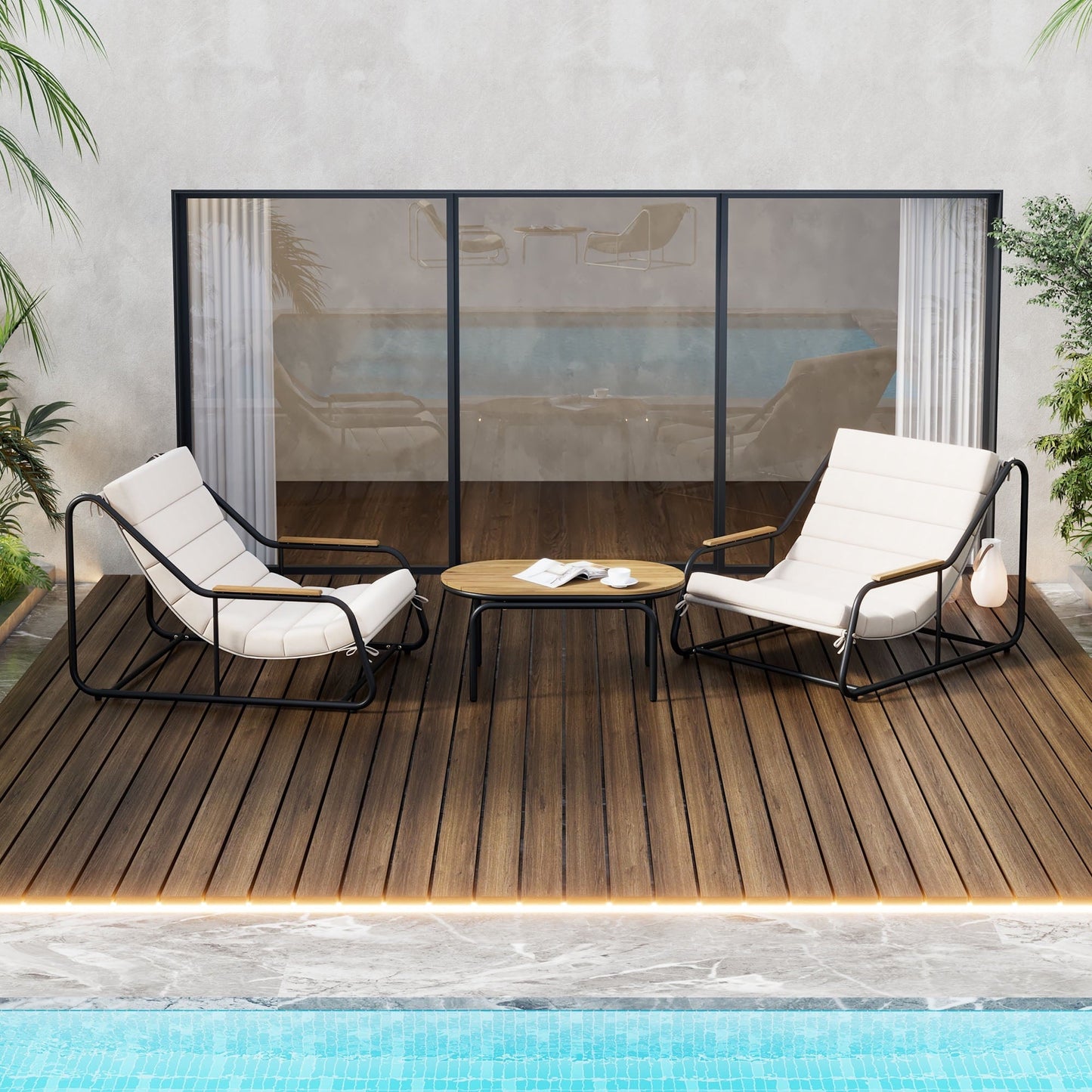 Euroco Outdoor Chaise Lounge Chairs Set with Acacia Wood Table,Pool Lounge Chairs for Lawn,Beige+White