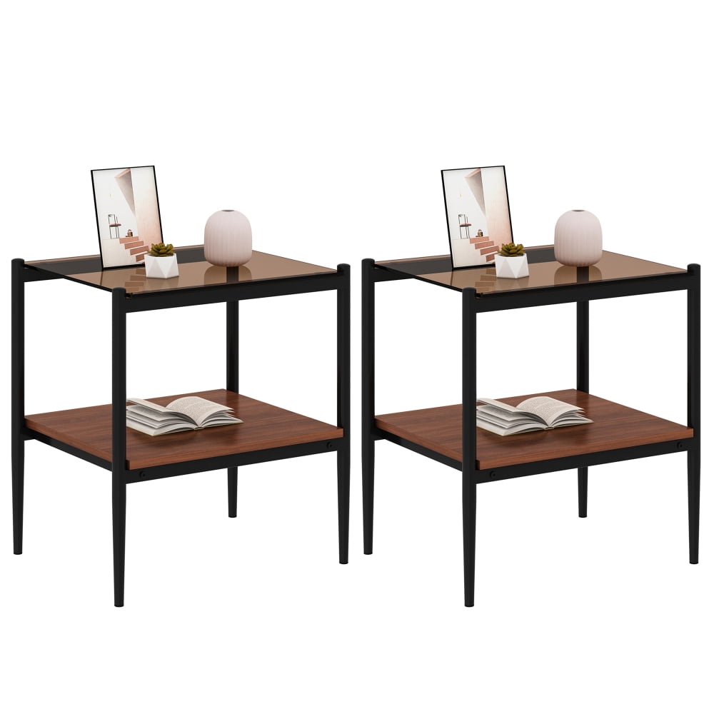 Set of 2 Rectangle End Table, Tempered Glass Tabletop with MDF layer, Modern Table for Living Room , Transparent Glass