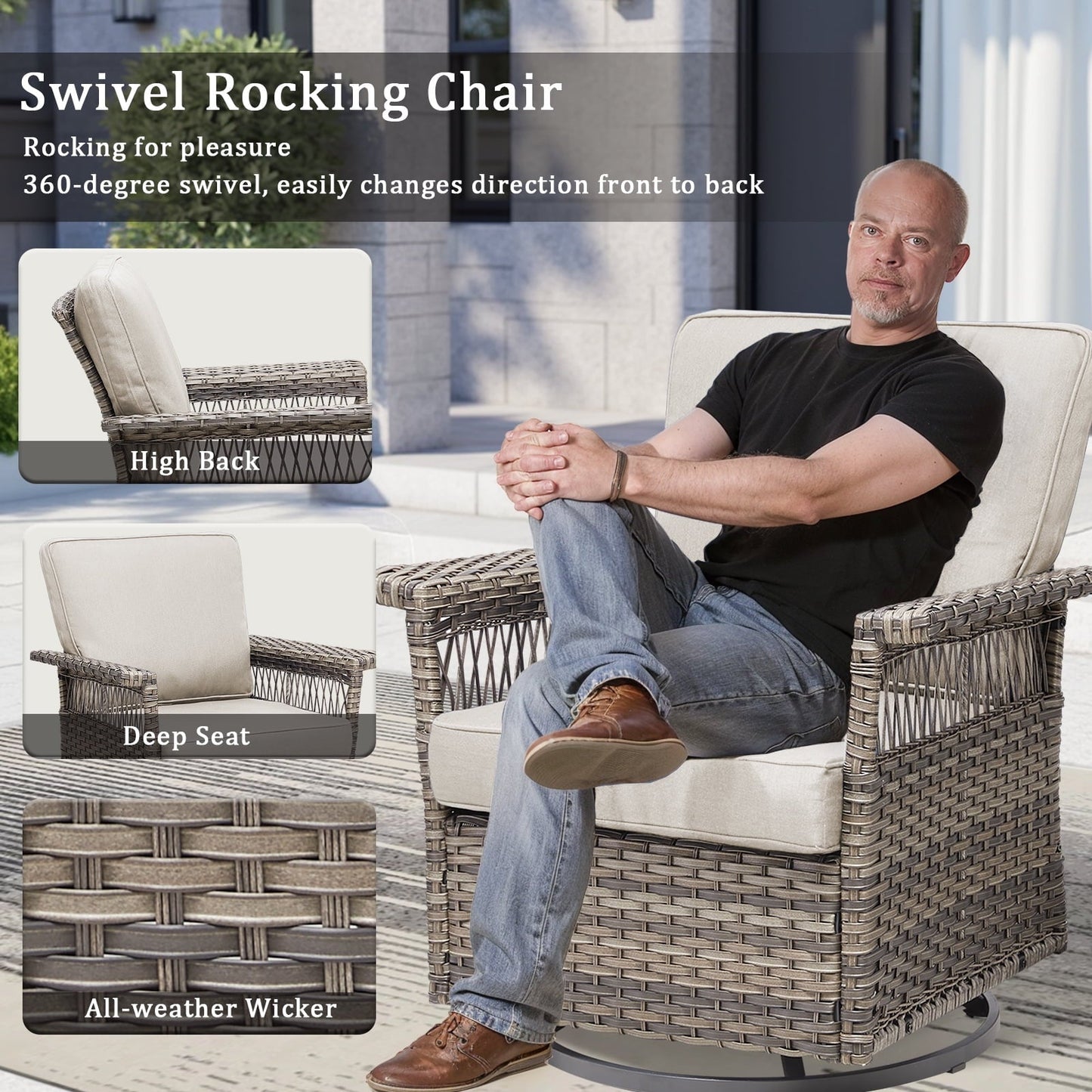 Feishominhoo Outdoor Swivel Rocker Patio Chairs,Gray Wicker Rocking Glider Chairs Set of 2 with Ottomans, Side Table and Beige Cushions Outdoor Patio Furniture for Balcony Porch Deck